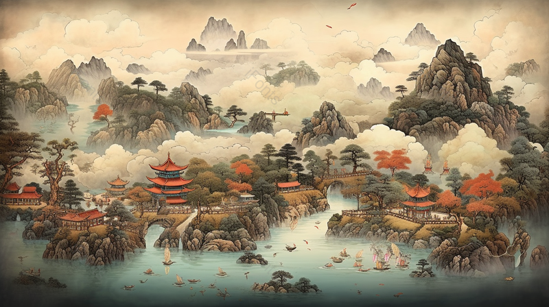 河边古代建筑国风古典山川湖泊河流植物风景插画,插画/手绘图,插画/手绘图库,插画/手绘图下载,插画/手绘